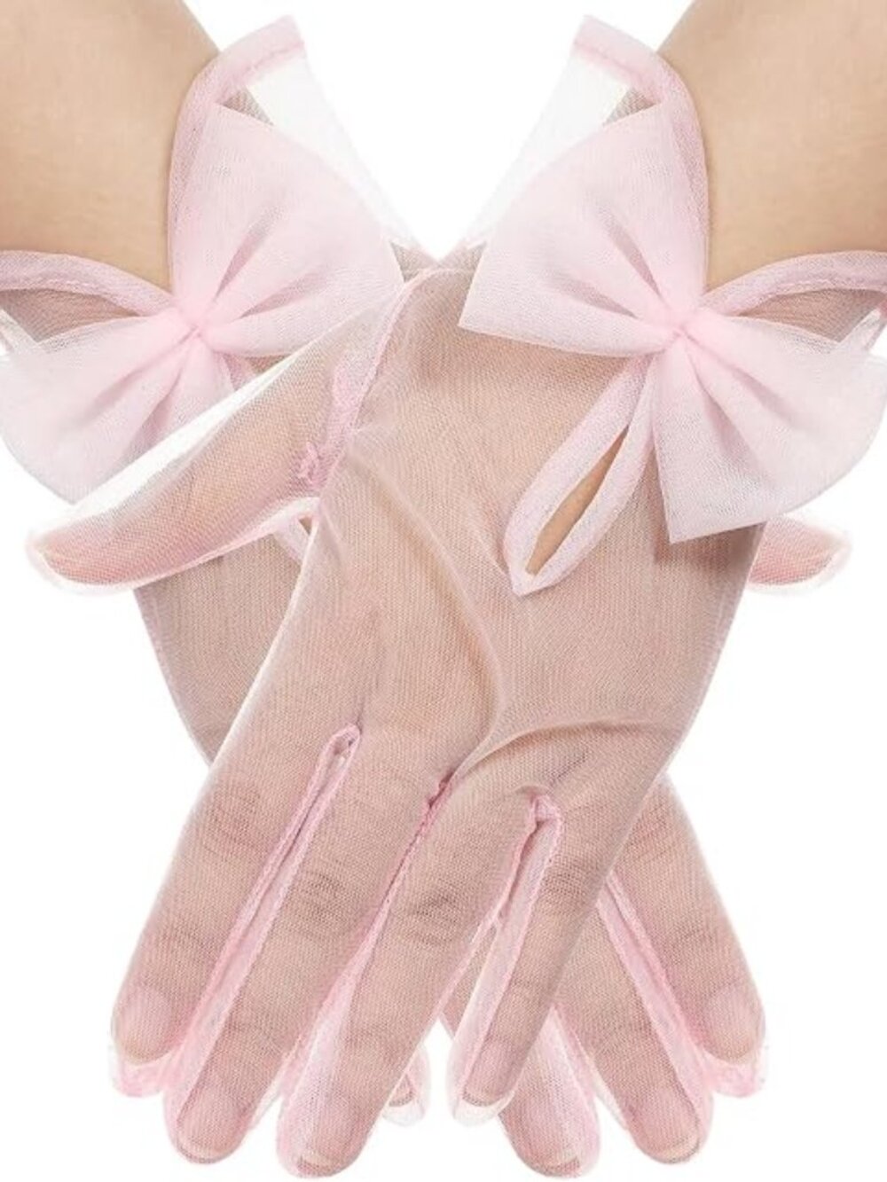 Women's Pink Lace 1920s Opera Party Tulle Wrist Length Short Sheer Mesh Gloves